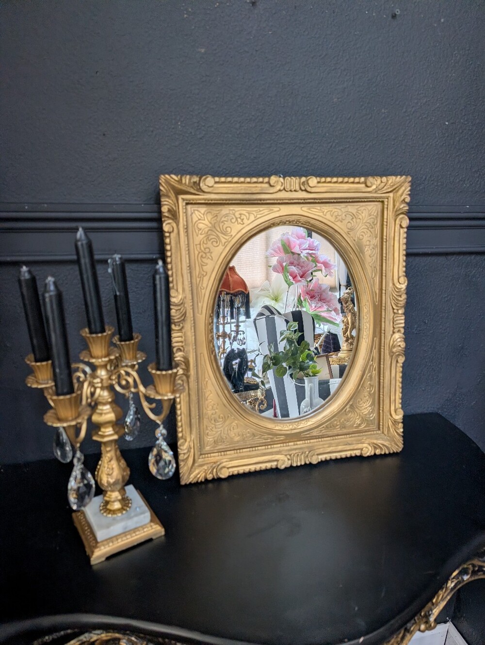 Vintage Ornate Gold Gilt Resin Oval Insert Mirror, French Neoclassical Style 19